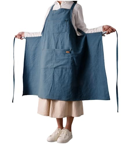 Cute Denim Matching Apron for Kids and Adults, Cook Art Paint Garden - color: Blue, size: kid M(age 8-12)