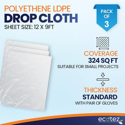 3 Pack 12 x 9 ft Extra Large Plastic Drop Cloth for Painting - size: 3 Pack-Standard