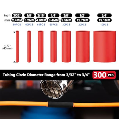 Chanzon 7-Size Heat Shrink Tubing Kit 300Pcs 3:1 Red Sleeving Wrap 1.77" - color: 3.Red(300pcs)
