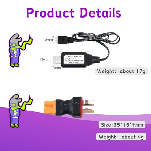 RC Battery Accessory Kit,No Wires Deans T Male (red) Connector Switch to XT30 Female (Yellow) Adapter, for Remote Control Toy Boat FPV Drone Car etc - 1 Pcs with 7.4V USB Charger Cable