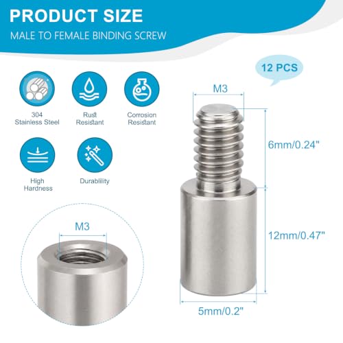 M3x12+6mm Standoff Extension Posts Screws Stainless Steel 12 Pcs - size: M3x12+6mm