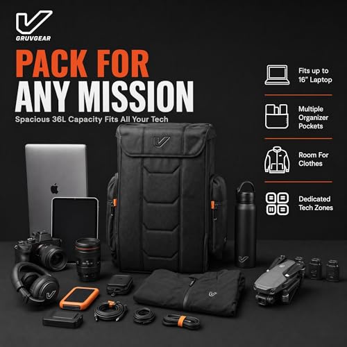 Gruv Gear Travel Laptop Backpack, 36L Black Tech Backpack with Modular Storage Shelves, Dual Access Pockets & TSA-Friendly Design, Large Carry-On Backpack for Work, Travel & Gear Organization