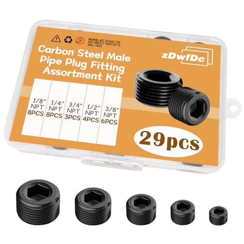 29PCS 5 Size Pipe Plug Fitting Assortment Kit, Black Carbon Steel 1/8" 1/4" 3/8" 1/2" 3/4" NPT Plug DD032-29 - size: 29PCS