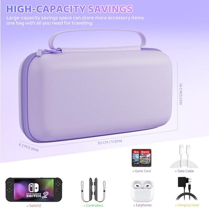 PAWDIARY Purple Switch 2 Carrying Travel Accessories Bag, with Hardshell PC Protective Case Skin for Nintendo Switch 2 Console & Left/Right Controller, HD Screen Protector and 2 Thumb Caps - color: Purple
