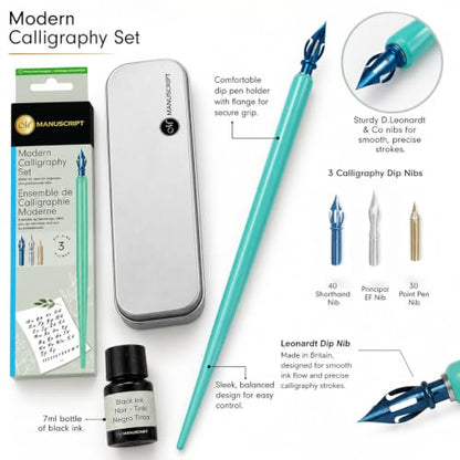 MANUSCRIPT Modern Calligraphy Dip Pen Set, 3 Nibs, Turquoise Holder