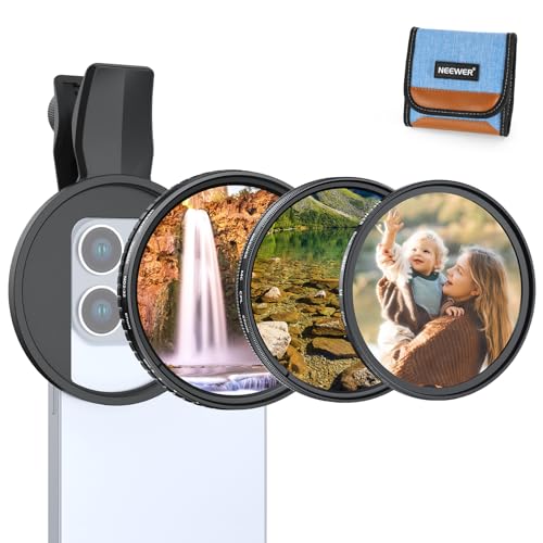NEEWER 67mm Variable ND Filter Set Compatible with iPhone, 3 Pack Clip On CPL + ND2-32 + Black Diffusion 1/4 Filter for Mist Cinematic Effect Photography Accessories Kit, FL-B37 - size: 67mm, style: ND2-32+CPL+Black Diffusion 1/4 Compatible with iPhone