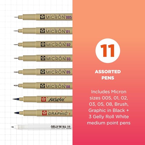 Sakura Pigma Micron & Gelly Roll Classic White Pens, 8 Black & 3 White