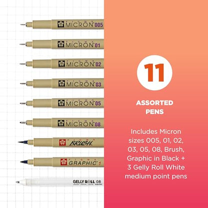 Sakura Pigma Micron & Gelly Roll Classic White Pens, 8 Black & 3 White