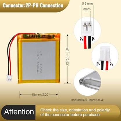 3.7V 5000mAh 115659 LiPo Battery with JST PH2.0mm 2-Pin Connector - size: 115659 5000mAh