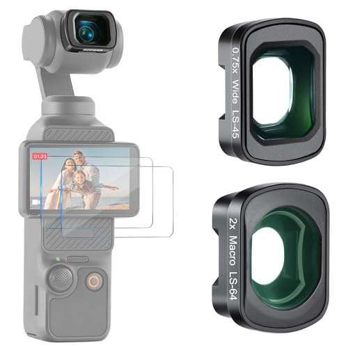 NEEWER 0.75x 108° FOV Wide Angle & 2X Macro Lens Set Compatible with DJI Osmo Pocket 3 / Pocket 4 / Xtra Muse Accessories, 3 Elements in 3 Groups, Includes 2X Screen Protector, FL-B34 - style: 0.75X Wide Angle & 2X Macro Lens