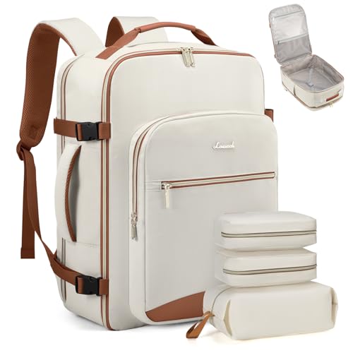 LOVEVOOK 50L Travel Backpack Flight Approved Carry on Backpack,3 Packing Cubes,Waterproof Personal Item Travel Bag,TSA Carry on Luggage Suitcase Travel Essentials,Gifts for Women & Men,fits 18" Laptop - color: Beige-brown, size: X-Large-50L-4Pcs(Standard)