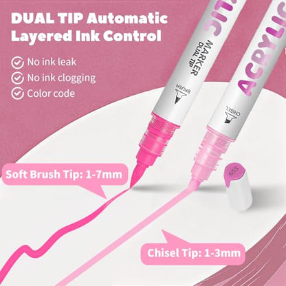 Pink Acrylic Paint Pens, Water Based 12 Colors Dual Tip - color: Pink Series
