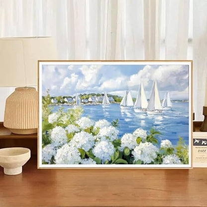 ZeeLionArt Diamond Art Kit, Coastal White Hydrangea Sailboat, 16 x 12 Inch - color: DP04492