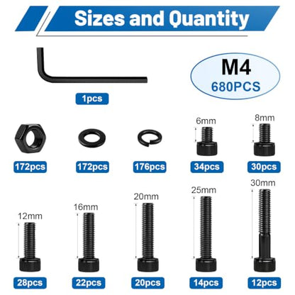 680Pcs M4 Screw Hex Socket Head Cap Bolt Kit 6-30mm 12.9 Alloy Steel - size: G12.9 M4 680PCS