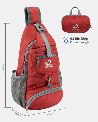 WATERFLY Packable Small Crossbody Sling Backpack Shoulder Chest Bag Daypack for Hiking Traveling - color: Red