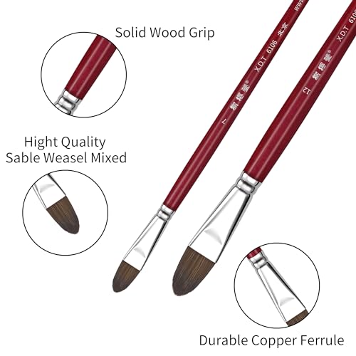 XDT#6106 Filbert Artist Paint Brush 6 Piece Set Medium Soft Red Sable Weasel Mixed Extra Long Handle #1#3#5#7#9#11, Acrylic Oil Watercolor - size: Filbert Red Sable 6Pc