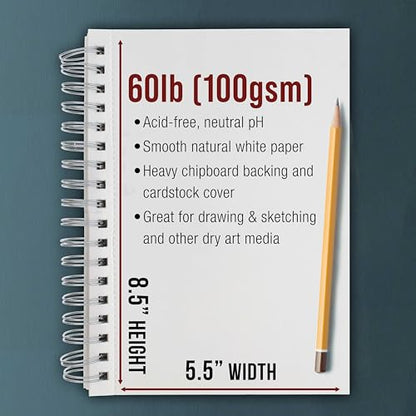 U.S. Art Supply 5.5"x8.5" Sketch Book Pad, Spiral Bound 100 Sheets, 2-Pack - size: 5.5-x-8.5-inch