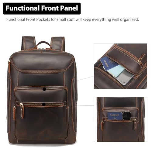LANNSYNE Full Grain Leather Backpack For Men, 17" Laptop Backpack - color: Brown