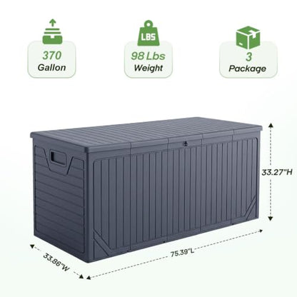 370 Gallon Extra Large Deck Box Waterproof, Thick Resin, Black - size: 370 Gal