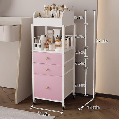 Makeup Organizer Storage Cart with Drawers Rolling Makeup Cart with Wheels - color: Pink