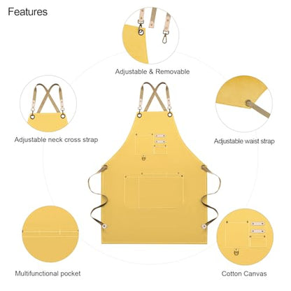 Dulabi Apron, Adjustable Chef Apron for Women and Men with Large Pockets, Cooking Kitchen Apron with Back Straps - color: Buff