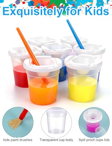 YGAOHF 8 Packs No Spill Paint Cups with Lids, Large Paint Water Cup with 8 Pcs Paint Brushes, Arts and Crafts Supplies