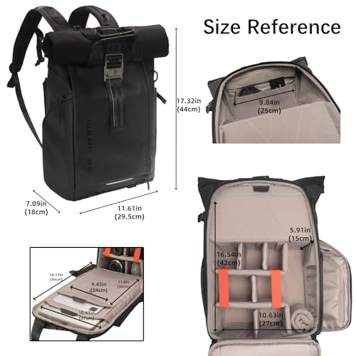 Besnfoto Waterproof Camera Backpack Rolltop Laptop Bag for DSLR Mirrorless - color: Black Ii