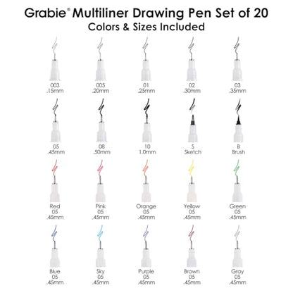Grabie Micro Fineliner Pens, Set of 20 Multicolor Waterproof Drawing Pens - color: 20-Multicolor