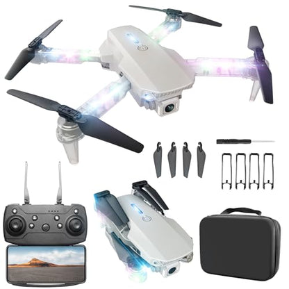 BEZGAR LED Lights Drone with Camera for Adults and Kids Beginners, White - color: White