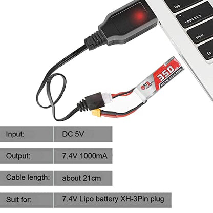 2 pcs XH-3P USB Charger Cable 7.4V 2S LiPo Battery USB Charger Cable 1A Fast Charging,with 1 Charge 3 Transfer Cable for RC Car Truck Rock Crawler FPV Drone Quadcopter