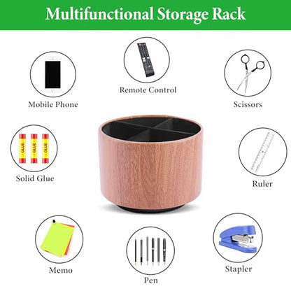 Round Leather Art Supply Organizer,Remote Control Holder,360 Degree Spinning,Multi-Functional Pencil Holder,4 Compartments Desktop Stationary Organizer(1-Thin Wood Ligh Brown) - color: 1-Thin Wood Ligh Brown