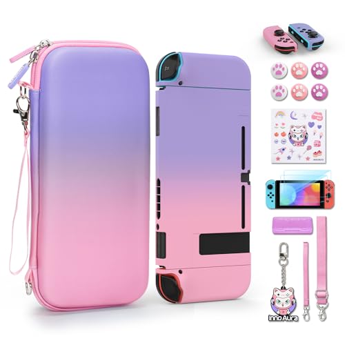 innoAura Switch Case, 17 in 1 Accessories Bundles with Carrying Bag, Game Case, Screen Protector & Cute Pendant (Pink-Purple Gradient) - color: Pink Purple