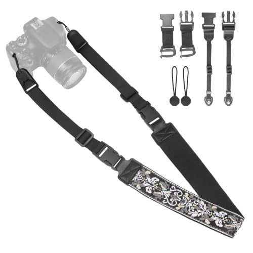 Adjustable Camera Neck Strap, Vintage Embroidered Shoulder & Crossbody Camera Strap with 4 Connection Ways, Anti-Slip Camera Strap for DSLR, Mirrorless & Camcorder, Travel & Outdoor Photography Gear - color: Grey White Woven