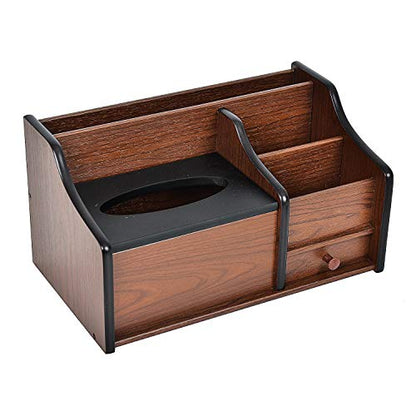 Cherry Brown Wood Desk Organizer Tissue Box Lid Multiple Slots Drawer Tabletop Storage Cabinet Solid Wood Phone Tablet Remote Control Holder Office Supplies Caddy Accessory Sorter Home