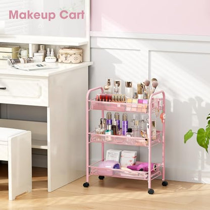 TOOLF 3 Tier Rolling Cart, Metal Utility Storage Cart with Wheels, Pink - color: Pink, size: 3-Tier