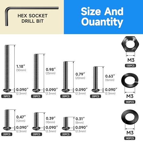 550 Pieces M3 Screw, Button Head Socket Cap Metric Screws Assortment Kit, Grade 10.9 Carbon Steel M3 Bolts and Washers/Nuts/Hex Wrenches, Black Oxided by Marysino - size: 550Pcs M3