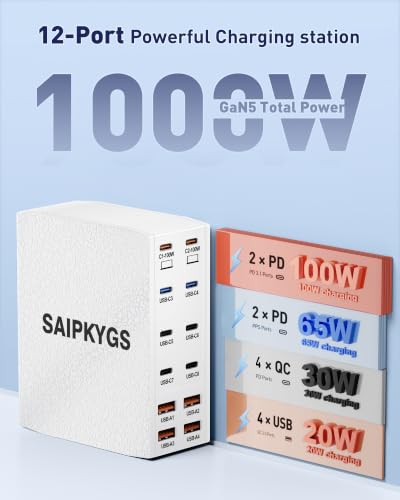 1000W USB Charging Station,12-Port USB C Charger Block with Dual 100W PD - color: White