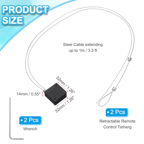 PATIKIL 3.3 Ft Retractable Remote Control Tether, 2 Pcs Square Security Cable Lanyard Lock with Adjustable Clasp Adhesive for TV Remote Control Controller, Black(Lock Buckles)