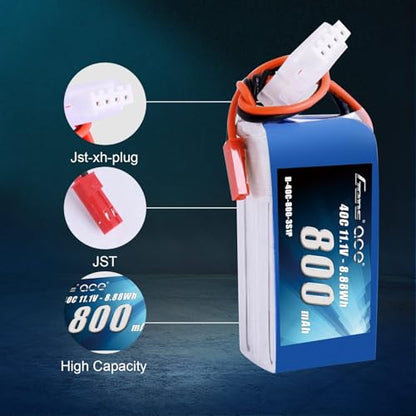 Gens ace 3S 800mAh 11.1V 40C LiPo Battery Pack with JST Plug(2 Pcs) - size: 2 Pcs