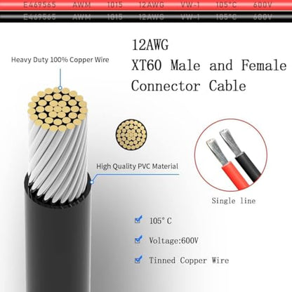 ELFCULB 5 Pairs XT60 Plug Male and Female Connector with 12AWG Cable XT60 Connector for RC Lipo Battery Drone(6Inches)