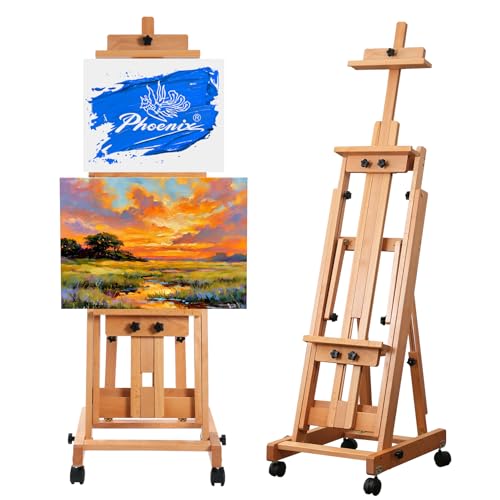 PHOENIX Versatile Studio H-Frame Easel Solid Beech Wood Artist Stand with Locking Caster Wheels- Adjustable Angle & Height – Heavy Duty Large Canvas Holder with Storage Tray for Professional Artists