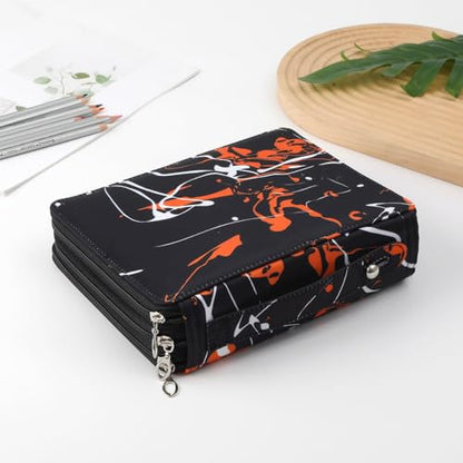 Canvas 120 Slots Pencil Case 3-Layer Zipped Holder w/Handle - color: Orange Splash Ink, size: 120