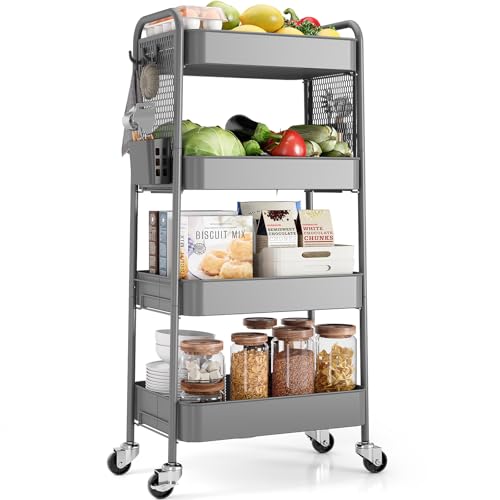TOOLF 4 Tier Rolling Cart, Metal Utility Storage Cart with Pegboard, Grey - color: Gray, size: 4-Tier