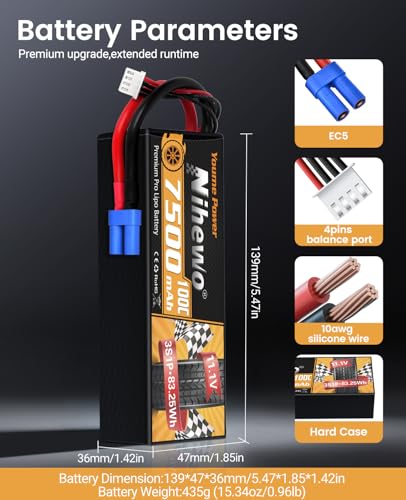 3S Lipo Battery 7500mAh 11.1V 100C Hardcase EC5 for RC Car Boat 2pcs