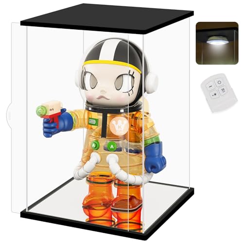 NONEMEY Clear Acrylic Display Case with Remote Control Light for 400% Pop Mart，Dustproof Model Showcase Organizer Box, Display Case for Collectibles (9.8x9.8x13.8inch,25x25x35cm) - size: 9.4×9.4×13.7 inch, 24×24×35 cm
