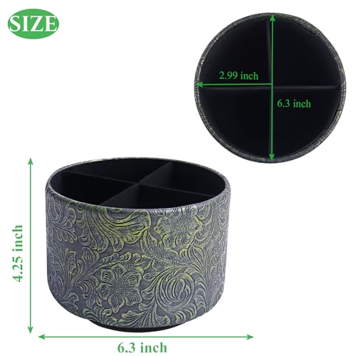 lizimandu Round Leather Art Supply Organizer,Remote Control Holder,360 Degree Spinning,Multi-Functional Pencil Holder,4 Compartments Desktop Stationary Organizer(1-Carved Metal Green2) - color: 1-Carved Metal Green2