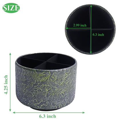 lizimandu Round Leather Art Supply Organizer,Remote Control Holder,360 Degree Spinning,Multi-Functional Pencil Holder,4 Compartments Desktop Stationary Organizer(1-Carved Metal Green2) - color: 1-Carved Metal Green2