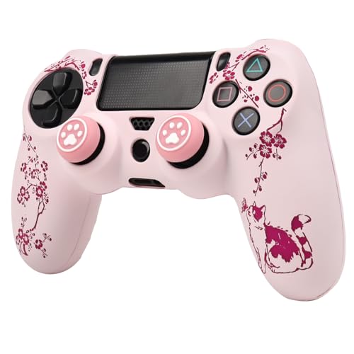 Cat Among Blossoming Branches Design Controller Skin Cover with 2 Thumb Grips Compatible with PS4/Playstation 4 Slim/Pro Controller - color: Cat Pink