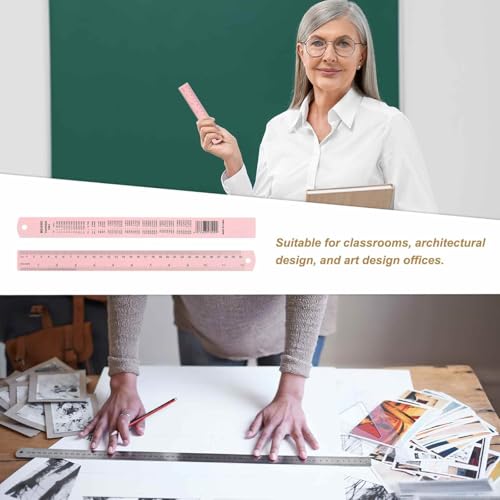 HARFINGTON 2pcs Metal Straight Ruler 30cm Metric & SAE Aluminum Alloy Measuring Rulers Scale Tool with Hole for Measure Study Reading Classroom Office, Pink - color: Pink, size: 30cm
