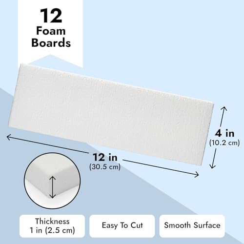 Juvale Foam Rectangle Blocks for Crafts - 12 in x 4 in x 1 in, White, 12 Pack - Cuttable & Paintable for Diorama Foam Boards & Sheets, Model Making & School Projects - size: Medium